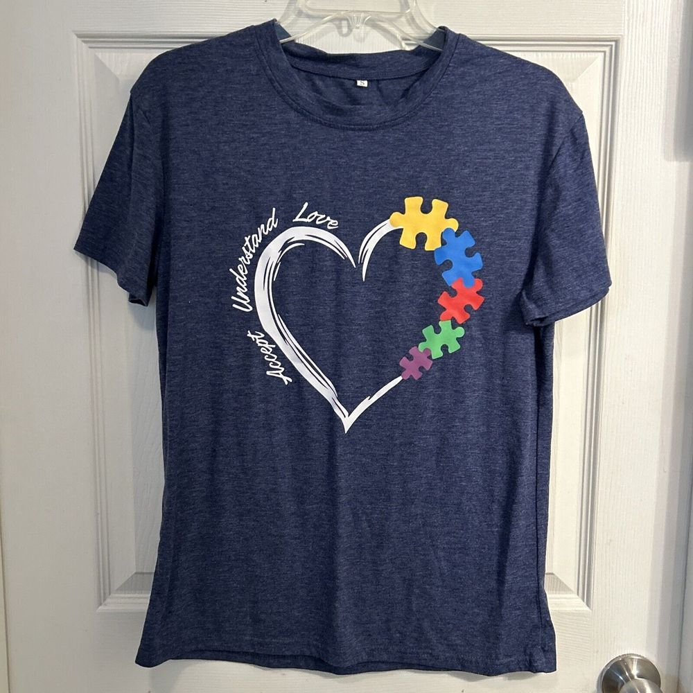 Accept Understand Love Puzzle Heart Autism Awareness T-Shirt Sz S Blue